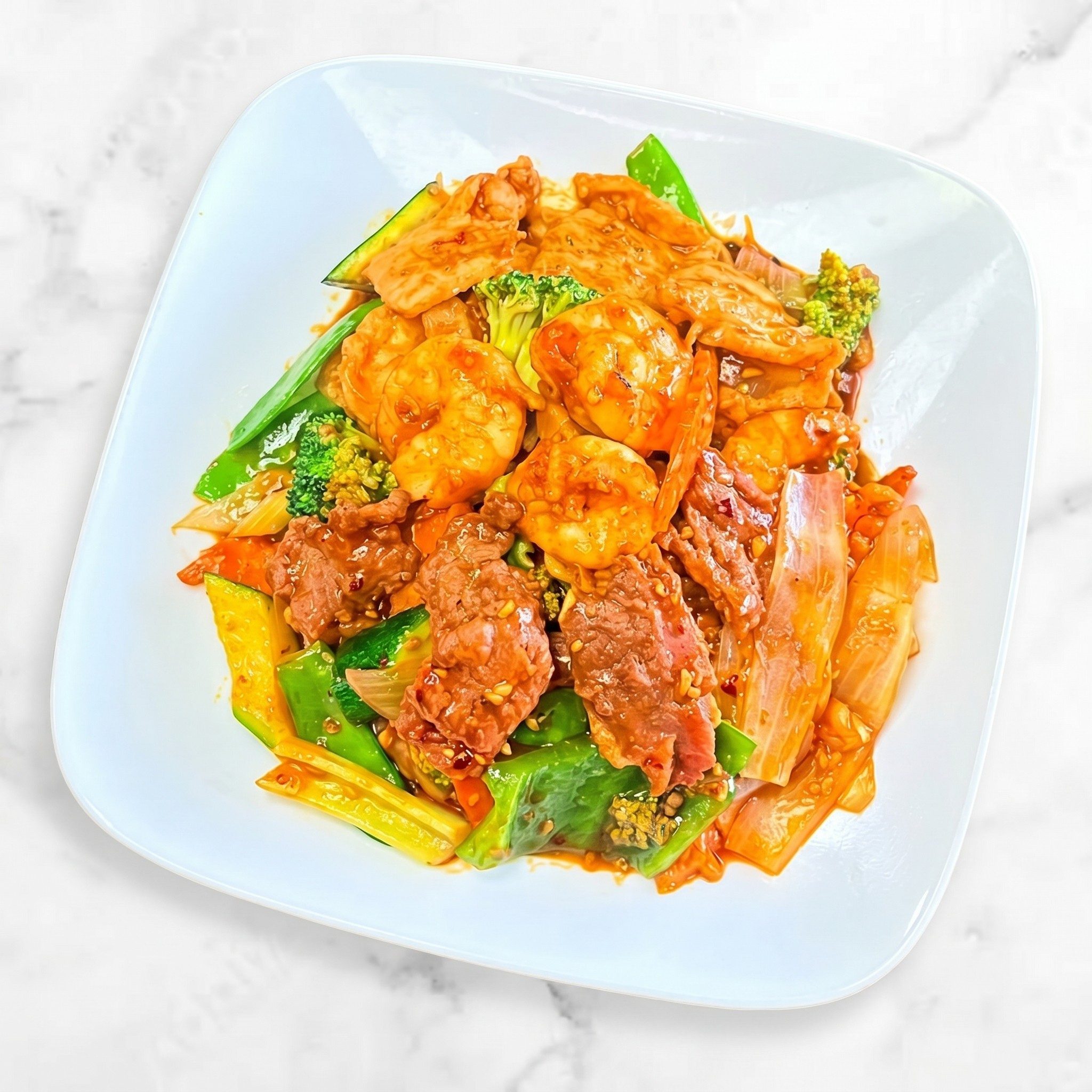 Shrimp, Beef & Chicken.